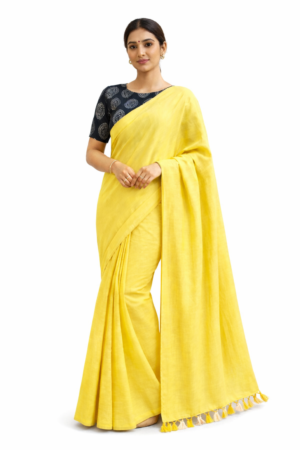 Yellow Plain Khadi Cotton Saree with Kalamkari Blouse