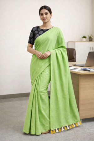 Fresh Green Plain Khadi Cotton Saree with Kalamkari Blouse