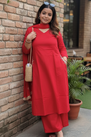 Red Hand-Embroidered Cotton Coord Set