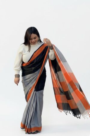 Classic Elegance: Black, Grey, Orange, and White Khadi Cotton Saree