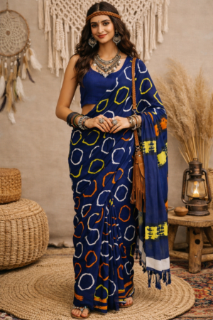 Cool tones meet soft elegance in this blue and white tie-dye saree, crafted from breathable mul cotton for effortless charm and comfort.