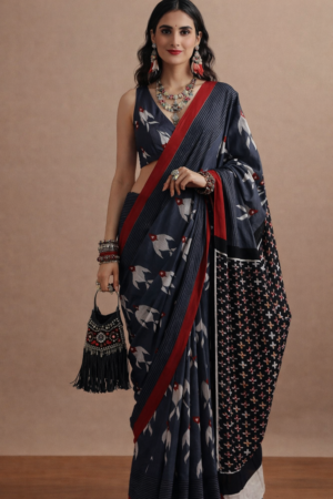 Blue Mul Cotton Saree with Bird Motif & Red Border