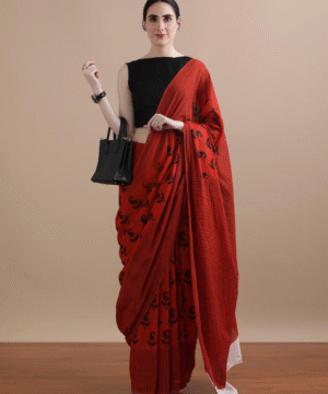 Kesari Mul Cotton Saree with Black Paisley Print