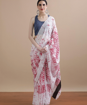 Pink & White Geometric Block Print Mul Cotton Saree