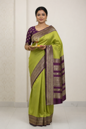 Lush Green Silk Saree with Striking Purple Border