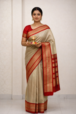 Grace in Grey – Silk Saree with Red Contrast Border