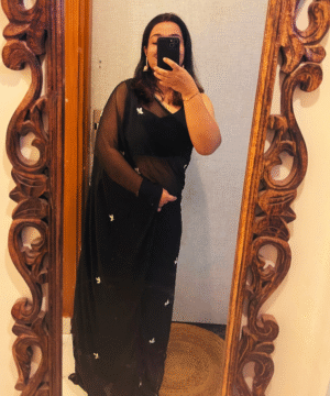 The Timeless Charm of Black Elegance- Black Chiffon Saree with Handwork Butti 🖤
