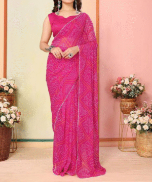 🌸 Pink Bandhani Georgette Ready-to-Wear Saree