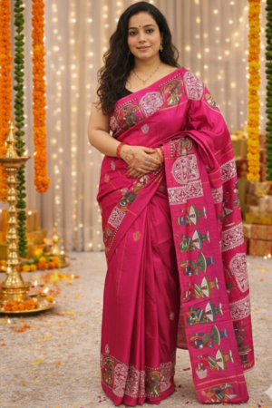 💖 Hot Pink Tassar Silk Saree – Festive Charm