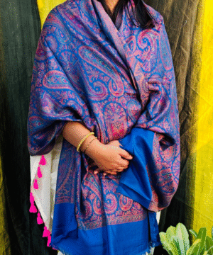 Royal Blue & Pink Paisley Weave Jacquard Shawl (Semi Pashmina Feel)