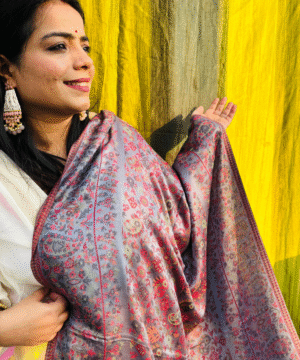 Grey Floral Jacquard Semi Pashmina Shawl (Pink–Peach Weave)