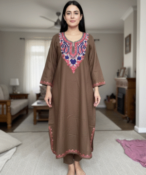 Aruniti Kashmiri Embroidered Pheran – Coffee Brown