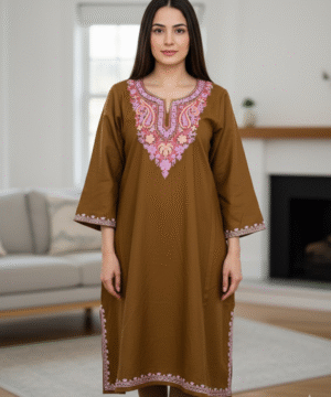 Aruniti Kashmiri Embroidered Pheran – Camel Brown