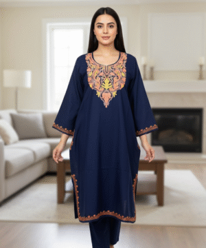 Aruniti Kashmiri Embroidered Pheran – Navy Blue