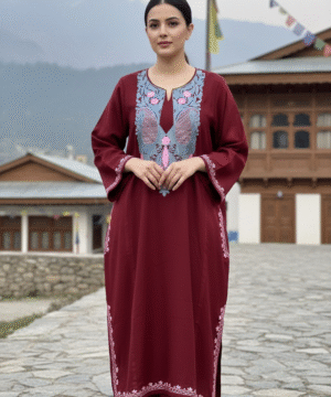 Aruniti Kashmiri Embroidered Pheran – Maroon (Blue & Pink Embroidery)