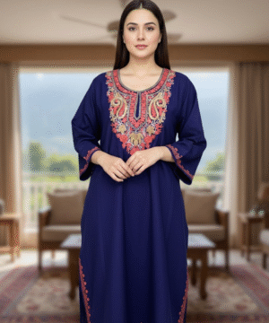 Aruniti Kashmiri Embroidered Pheran – Navy Blue (Red & Gold Work)