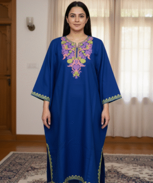 Aruniti Kashmiri Embroidered Pheran – Navy Blue (Purple & Green Floral)