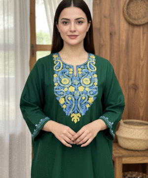 Aruniti Kashmiri Embroidered Pheran – Bottle Green (Blue & Mustard)