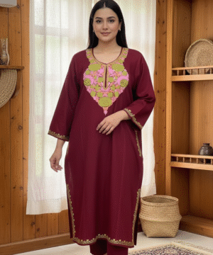Aruniti Kashmiri Embroidered Pheran – Maroon (Green & Pink Motifs)