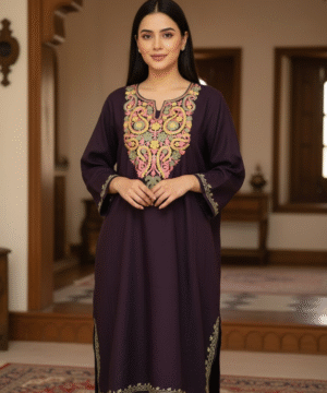 Aruniti Kashmiri Embroidered Pheran – Coca Cola (Pink & Gold Work)