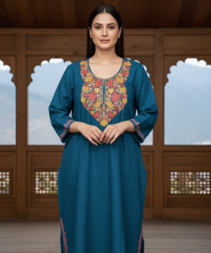 Aruniti Kashmiri Embroidered Pheran – Peacock Blue (Orange & Gold)