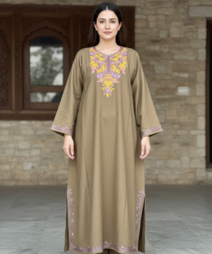 Aruniti Kashmiri Embroidered Pheran – Olive Green (Lavender & Yellow)