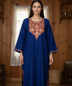Aruniti Kashmiri Embroidered Pheran – Navy Blue (Yellow & Rust)