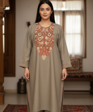 Aruniti Kashmiri Embroidered Pheran – Beige Brown (Rust & Brown)