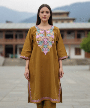 Aruniti Kashmiri Embroidered Pheran – Mustard Brown (Teal, Pink & Gold Work)