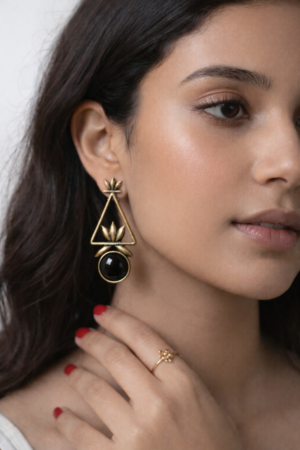Geometric Lotus Statement Earrings with Stone Drop – Available in 7 Colours