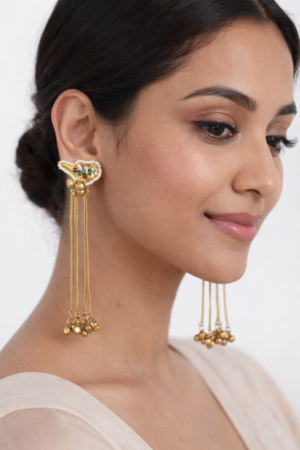 Aruniti Label Kashmiri Inspired Kundan Pearl Long Tassel Earrings with Ghungroo (Gold Tone, Multicolor Stones)
