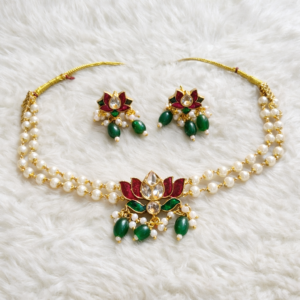 Lotus Kundan Pearl Choker Set with Green Beads & Matching Earrings