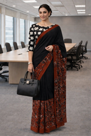 Black & Rust Printed Cotton Saree