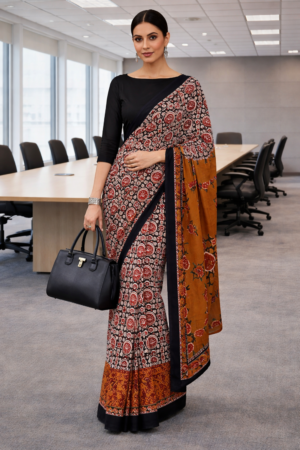 Ajrakh Inspired Mustard & Black Saree