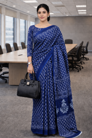 Indigo Blue Handblock Inspired Cotton Saree with Elegant Border