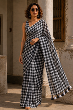 Checked Mul Cotton Saree with Tassel Detail