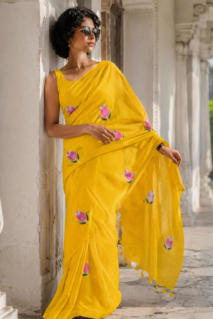 Hand-Painted Mul Cotton Saree with Tassel Detail
