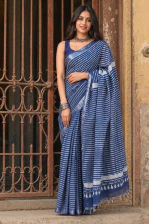 Elegant Linen Cotton Saree with Ethnic Prints & Tassel Detail