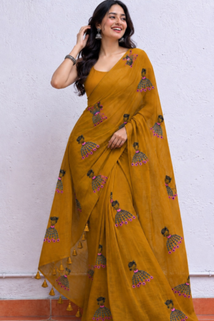 Aruniti Label Doll Print Mul Cotton Saree with Tassel Detailing