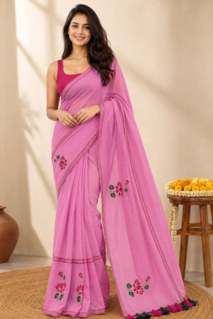 Aruniti Label Pink Floral Mul Cotton Saree with Tassel Detailing
