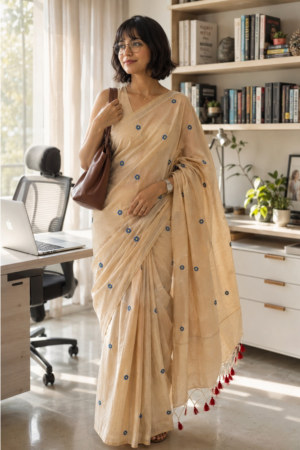 Handloom Khadi Cotton Saree with Floral Embroidery & Tassel Detailing
